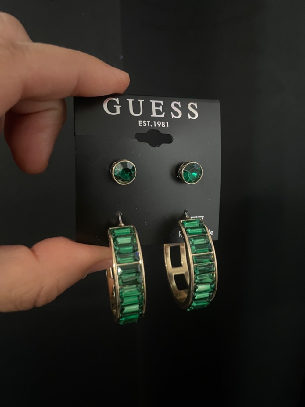 $32 NWT GUESS Gold-Tone Hoop & Stud Earring Set with Emerald Green Stones